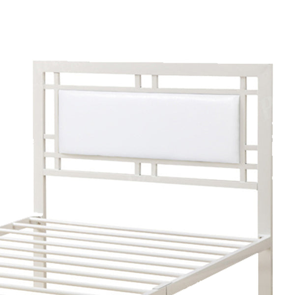 BM171745 Metal Frame Twin Bed With Leather Upholstered Headboard, White