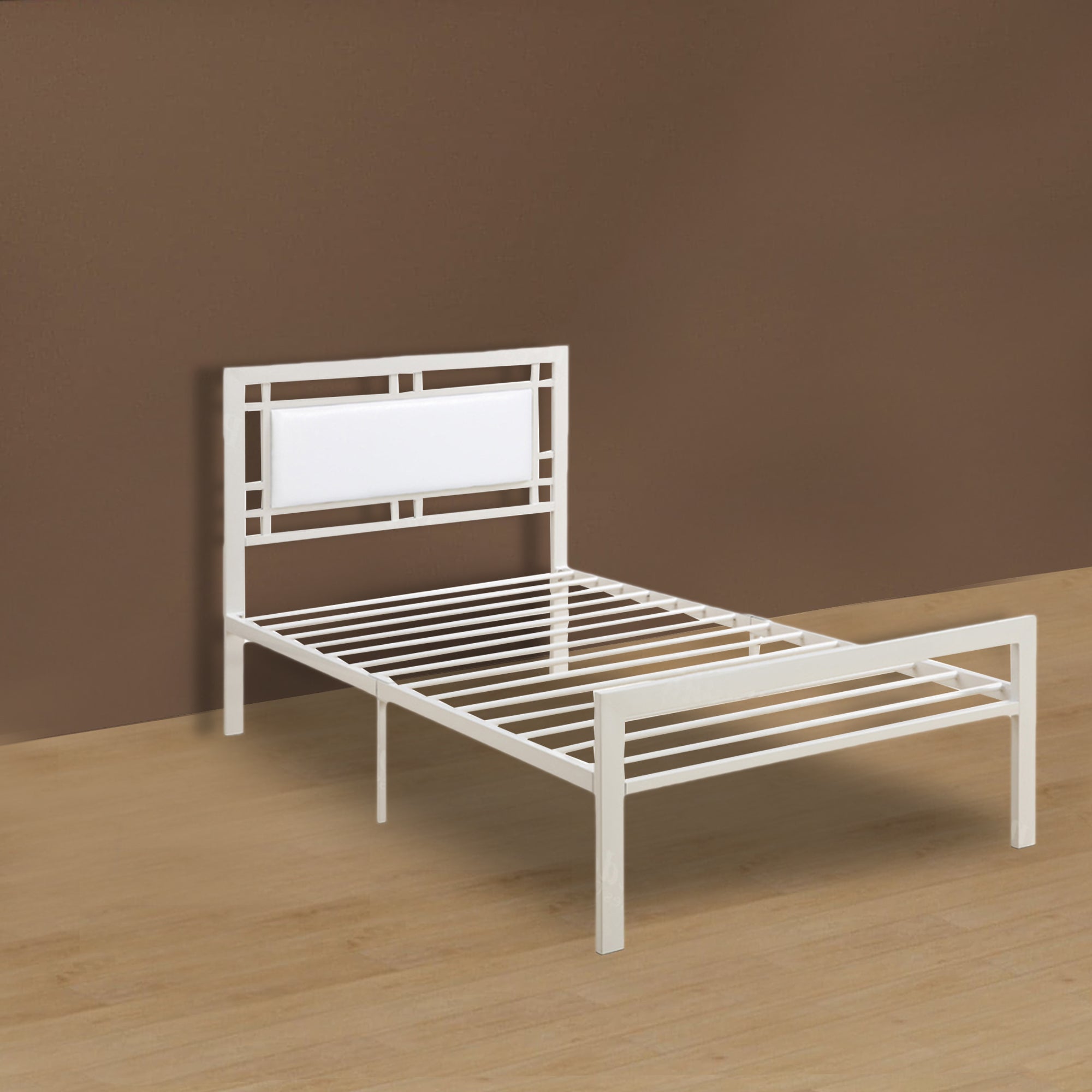 benzara BM171745 Metal Frame Twin Bed With Leather Upholstered Headboard White