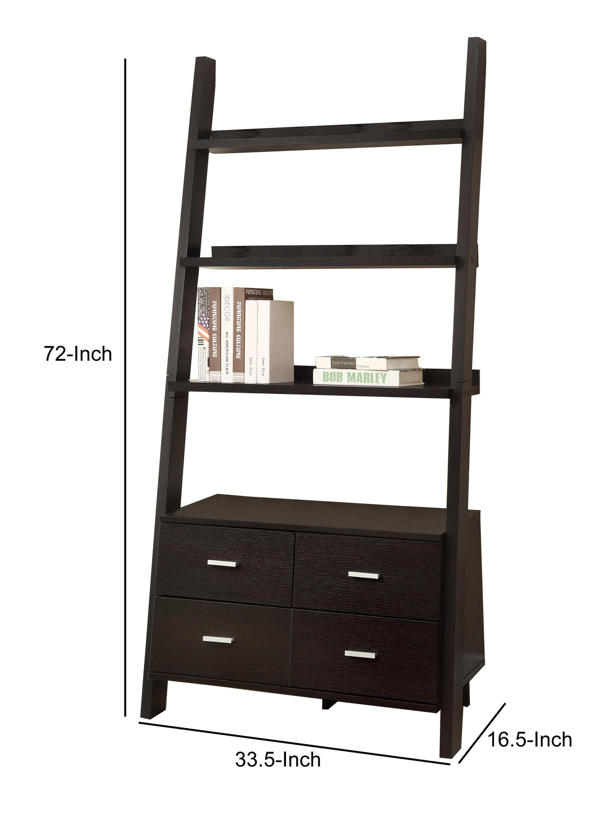 Ladder Bookcase With 4 Storage Drawers And Open Shelves, Cappuccino - BM172220