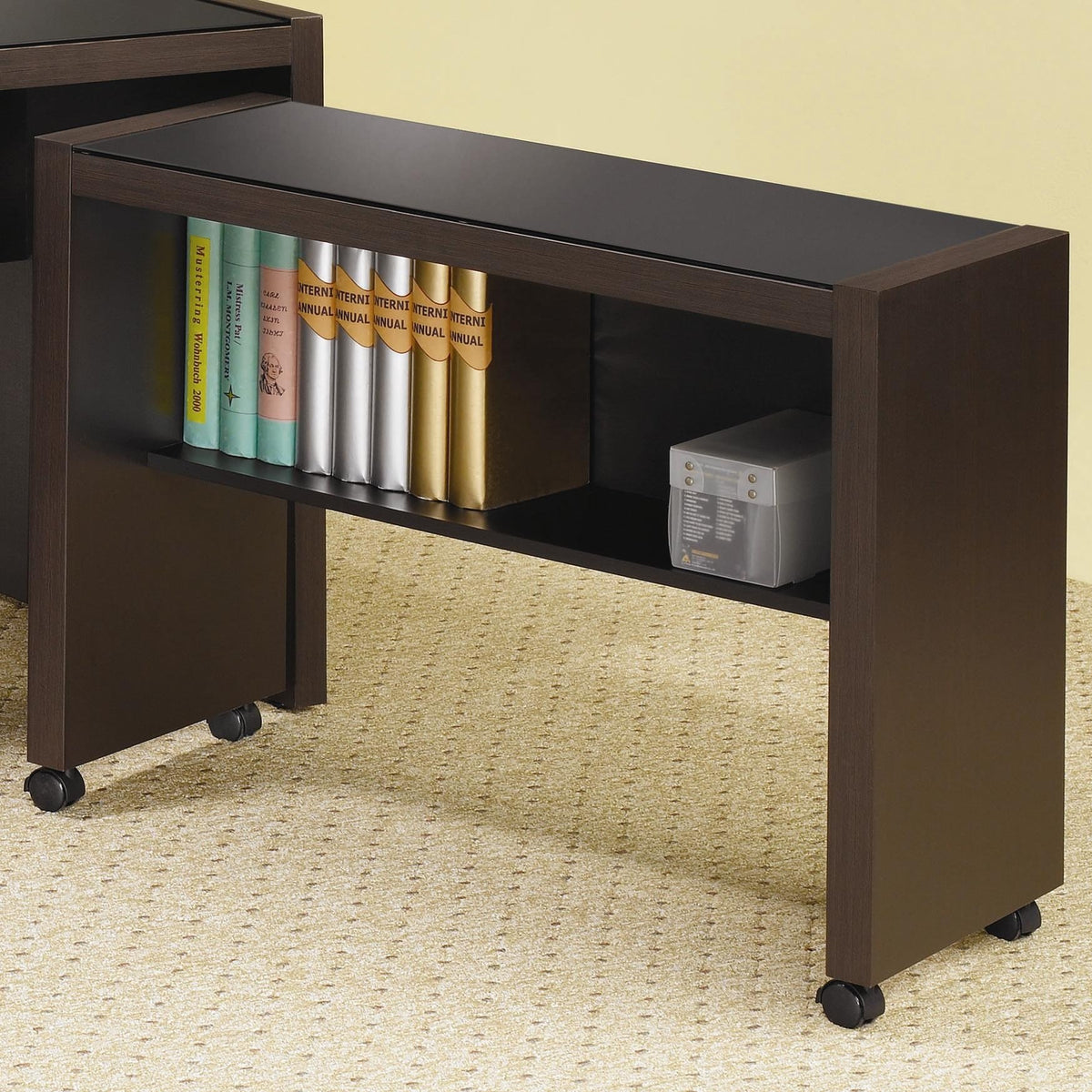 BM172235 Computer Cart on Caster Wheels With Glass Top, Cappuccino