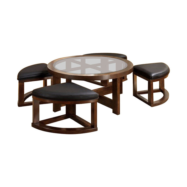 BM172710 Round Wooden Coffee Table With Stylish Wedge Shaped 4 Ottomans
