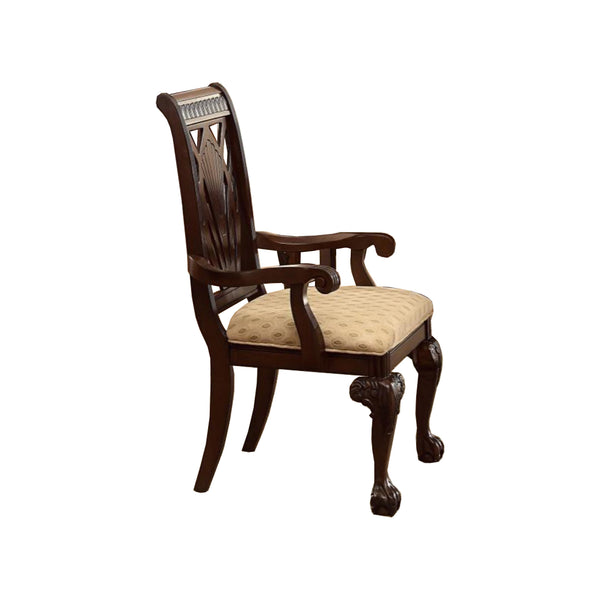 Traditional Style Wooden-Fabric Dinning Arm Chair With Carved Details, Brown & Cream, Set of 2 - BM174343