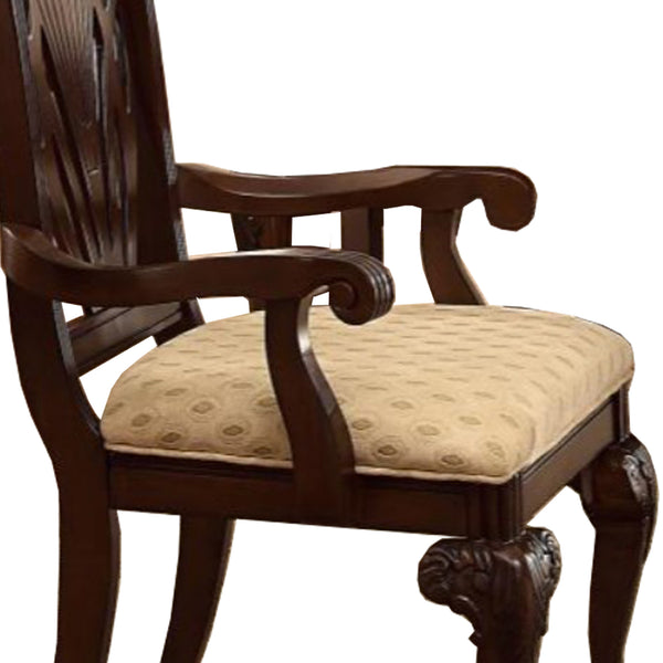 Traditional Style Wooden-Fabric Dinning Arm Chair With Carved Details, Brown & Cream, Set of 2 - BM174343