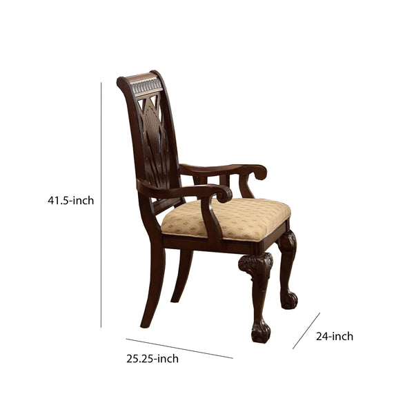 Traditional Style Wooden-Fabric Dinning Arm Chair With Carved Details, Brown & Cream, Set of 2 - BM174343