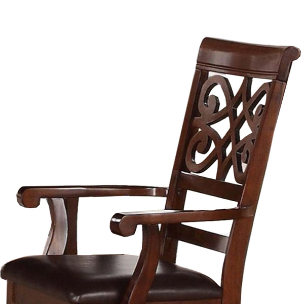 BM174348 Wooden Side Chair With Leatherette Seat And Designer Open Work Back, Cherry Brown, Set of 2