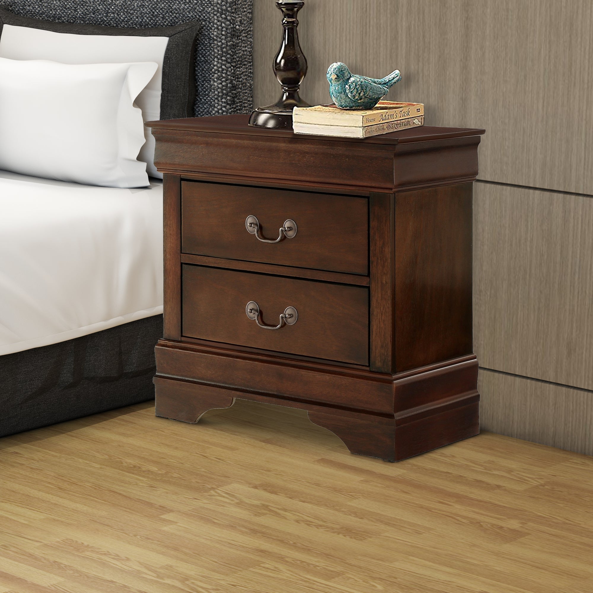 Wooden Night Stand With Curvy Handle Drawer Cherry Brown BM174482