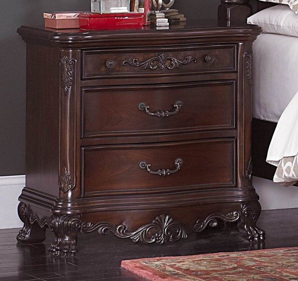 BM174492 Wooden Night Stand With Intricate Carvings Cherry Brown