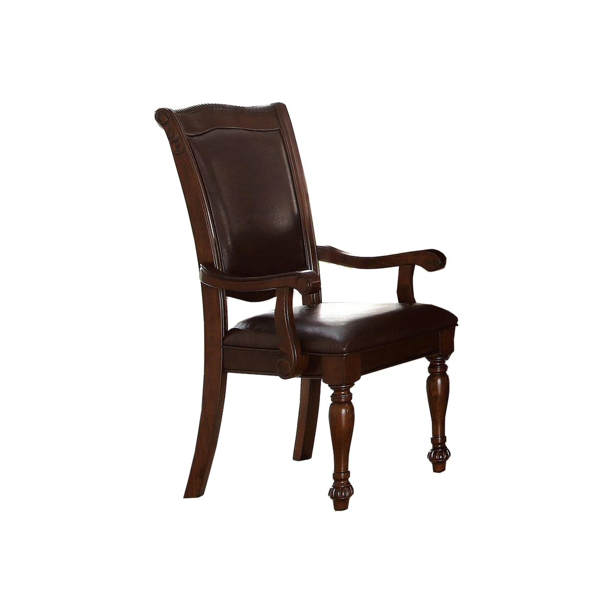 Traditional Style Wood & Leather Dining Side Arm Chair, Brown & Dark Brown, Set of 2 - BM176405