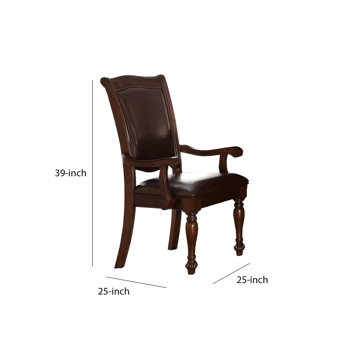 Traditional Style Wood & Leather Dining Side Arm Chair, Brown & Dark Brown, Set of 2 - BM176405