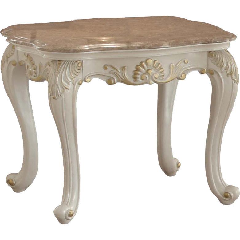 Wooden End Table With Marble Top, Pearl White  - BM177690