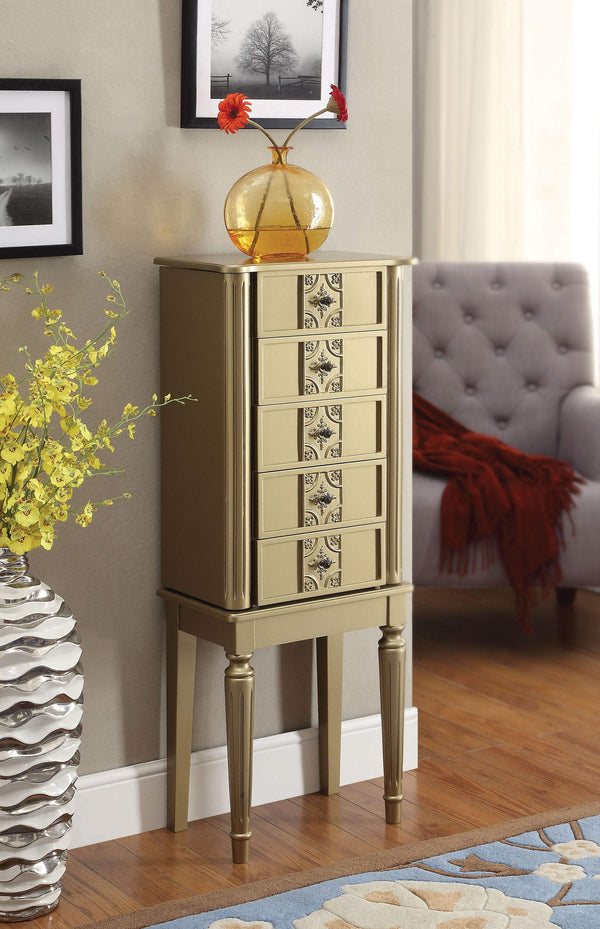 5 Drawer Wooden Jewelry Armoire with Knobs and Fluted Turned Legs, Gold - BM177734