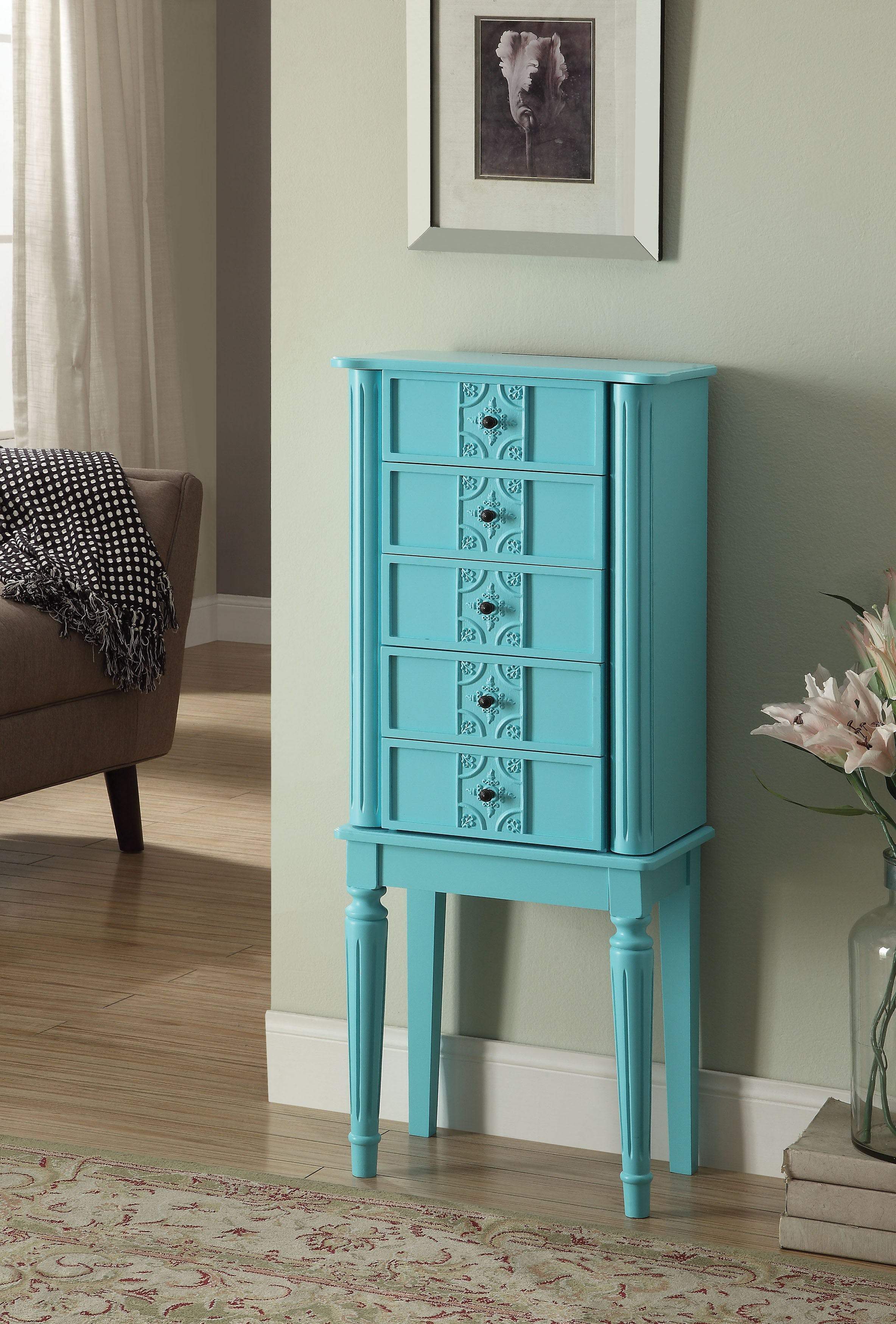 benzara 5 Drawer Jewelry Armoire with Flip Top Mirror and Fluted Legs Blue - BM177735