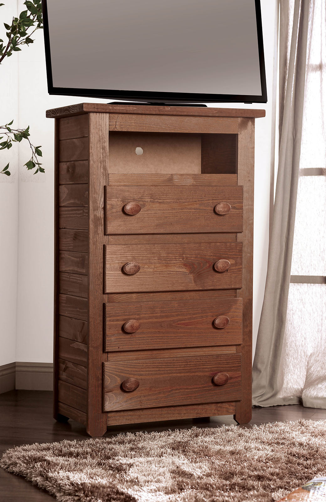 Wooden 4 Drawers Media Chest With 1 Top Shelf In Mahogany Finish, Brown