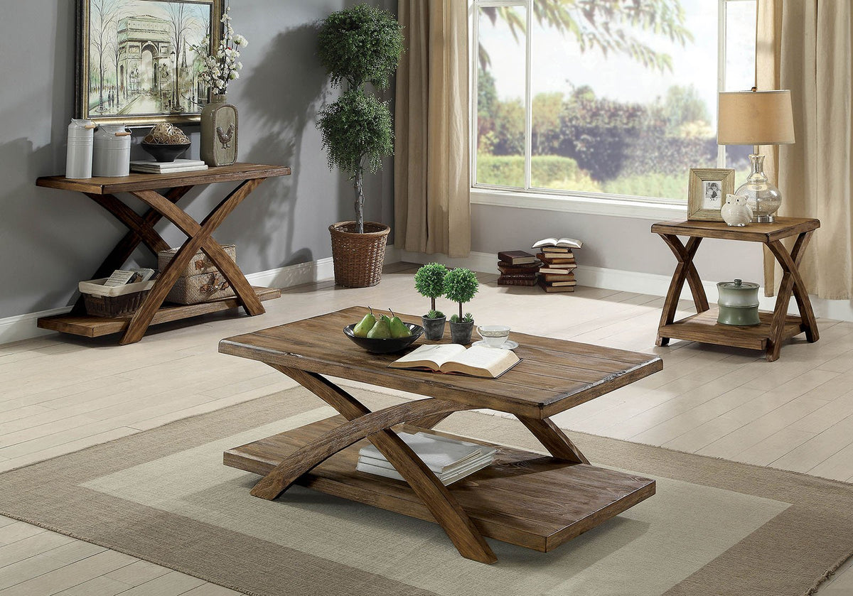 Transitional Style Wooden 3 Piece Table Set With X Shaped Table Base, Light Oak - BM177900