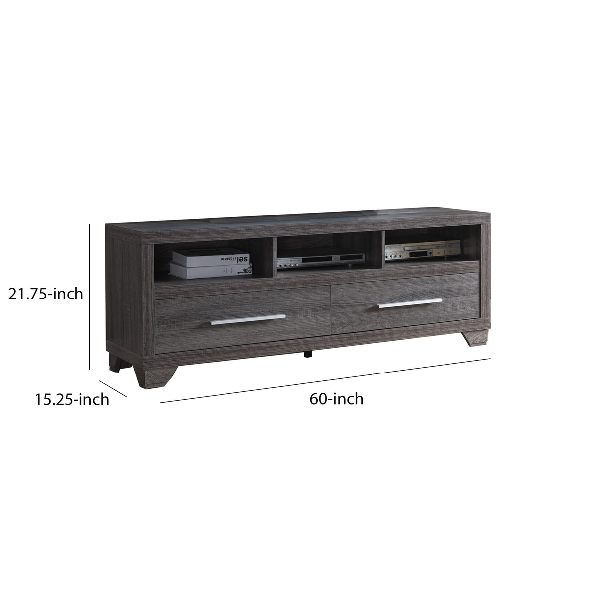 Wooden TV Stand with Two Drawers and Three Open Shelves, Gray - BM179603