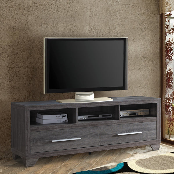 Wooden TV Stand with Two Drawers and Three Open Shelves, Gray - BM179603