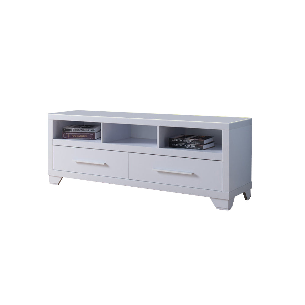 Wooden TV Stand With 2 Drawers & 3 Open Shelves, White