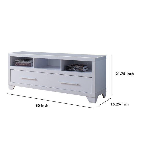 Wooden TV Stand With 2 Drawers & 3 Open Shelves, White