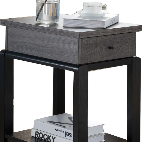 Wooden Chairside Table With Bottom Shelf, Distressed Gray And Black