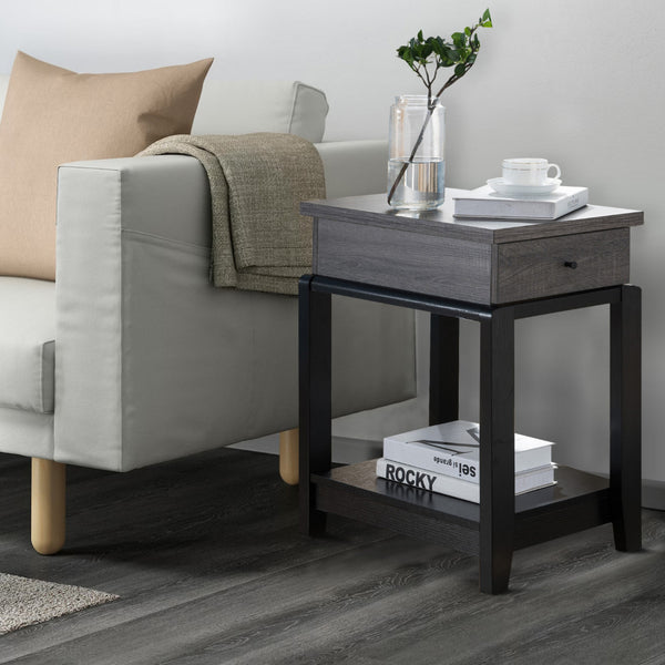 Wooden Chairside Table With Bottom Shelf, Distressed Gray And Black