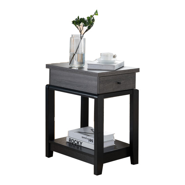 Wooden Chairside Table With Bottom Shelf, Distressed Gray And Black