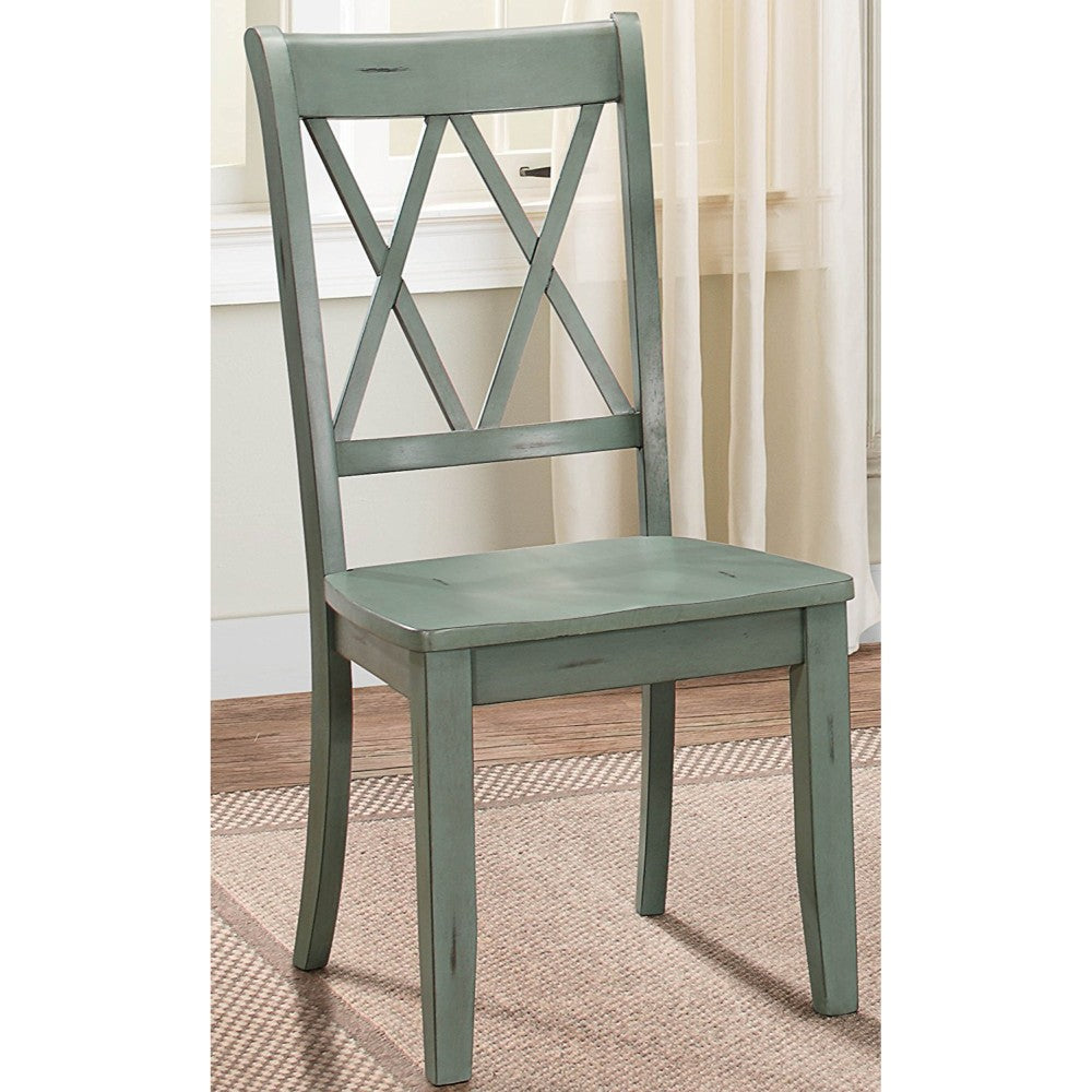 Pine Veneer Side Chair With Double X-Cross Back, Teal Blue, Set of 2 - BM179835