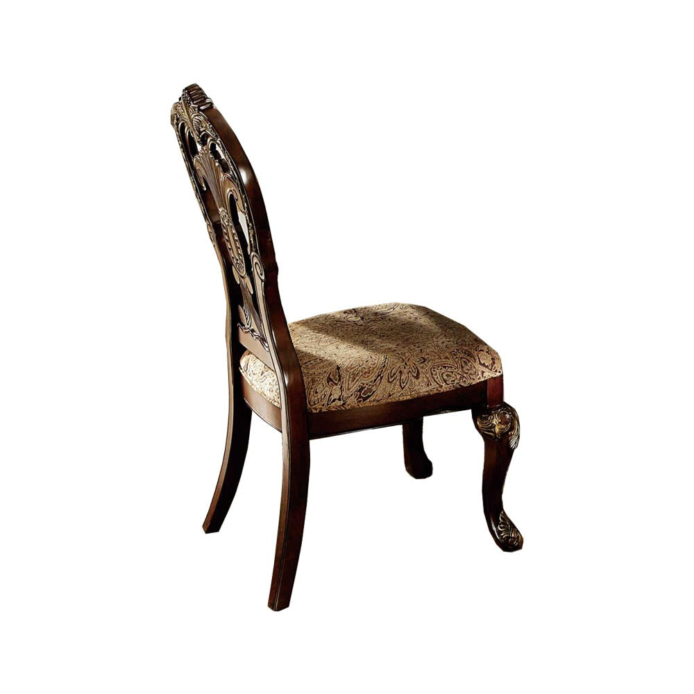 Wood-Fabric Side Chair With Deep Engraved Design, Brown & Beige (Set of 2)