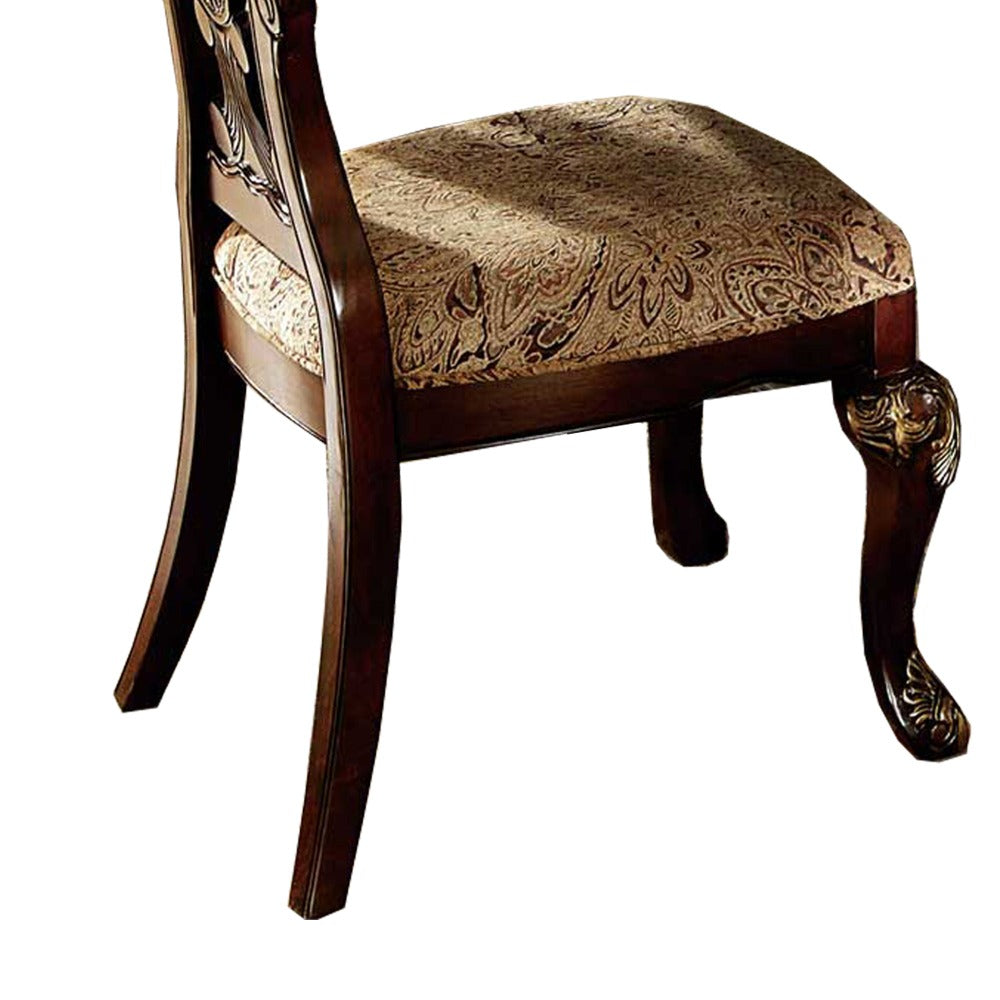 Wood Fabric Side Chair With Deep Engraved Design, Brown & Beige (Set of 2)