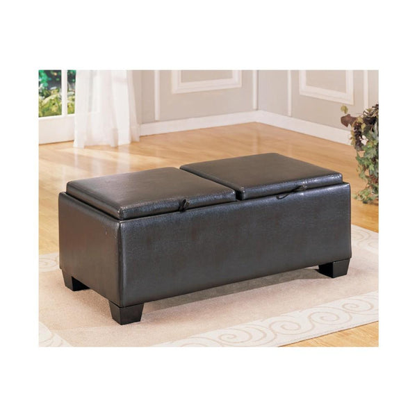 Leatherette Upholstered Storage Wooden Cocktail Ottoman With 2 Fliptops, Black