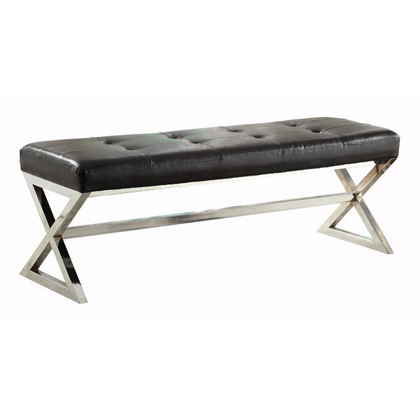 Contemporary Bench Chair With X Chrome Metal Base, Black & Silver