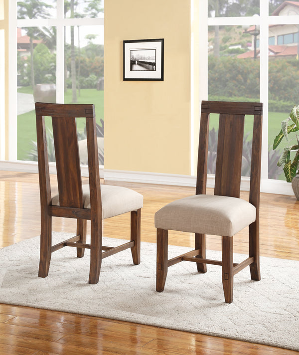 Fabric Upholstered Wooden Chair with Exposed Joints, Set of 2, Brick Brown and Beige - BM187621
