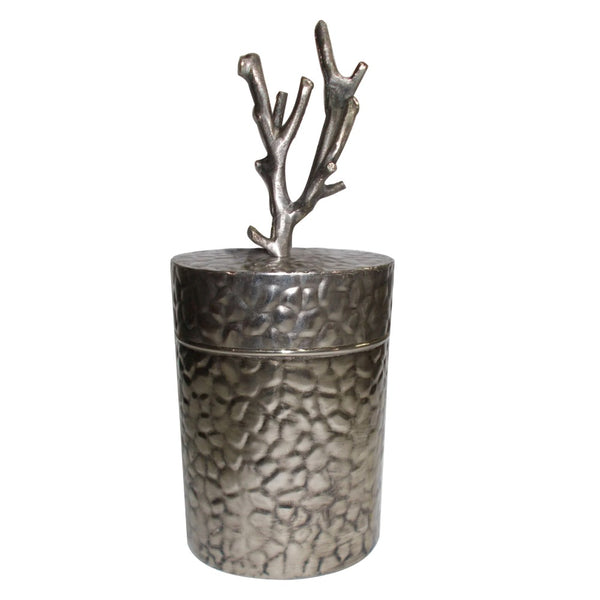 21 Inch Lidded Metal Jar, Textured Body, Branched Finial, Silver - BM180986