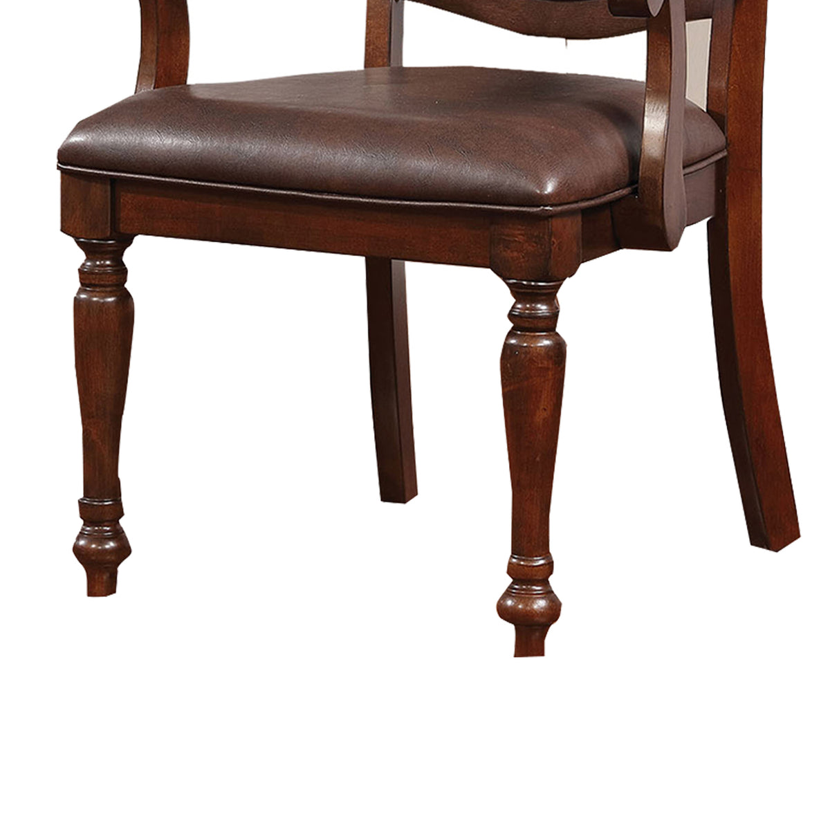 Wooden Arm Chair With Leather Upholstery, Cherry Brown, Set Of 2