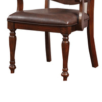 Wooden Arm Chair With Leather Upholstery, Cherry Brown, Set Of 2