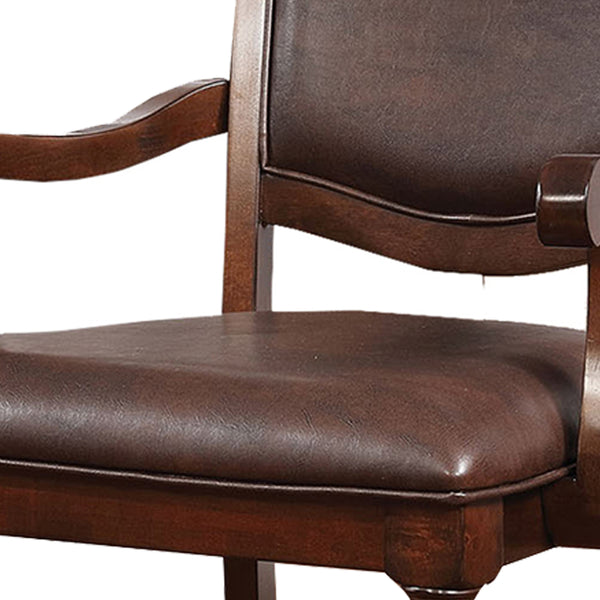 Wooden Arm Chair With Leather Upholstery, Cherry Brown, Set Of 2