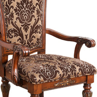 Floral Print Fabric Upholstered Arm Chair In Wood, Cherry Brown, Set Of 2