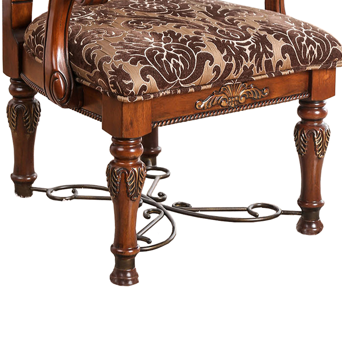 Floral Print Fabric Upholstered Arm Chair In Wood, Cherry Brown, Set Of 2