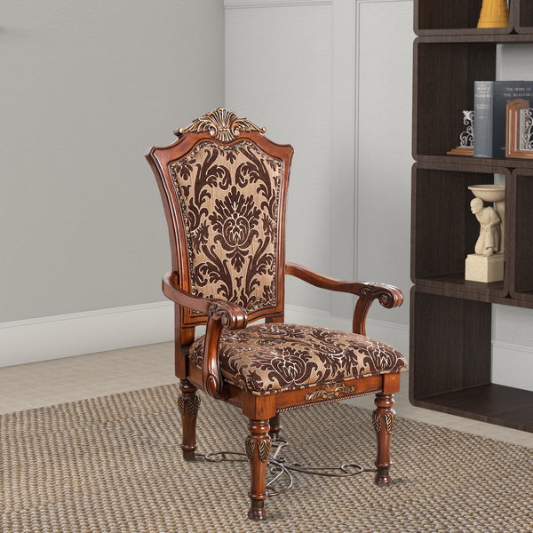 Floral Print Fabric Upholstered Arm Chair In Wood, Cherry Brown, Set Of 2