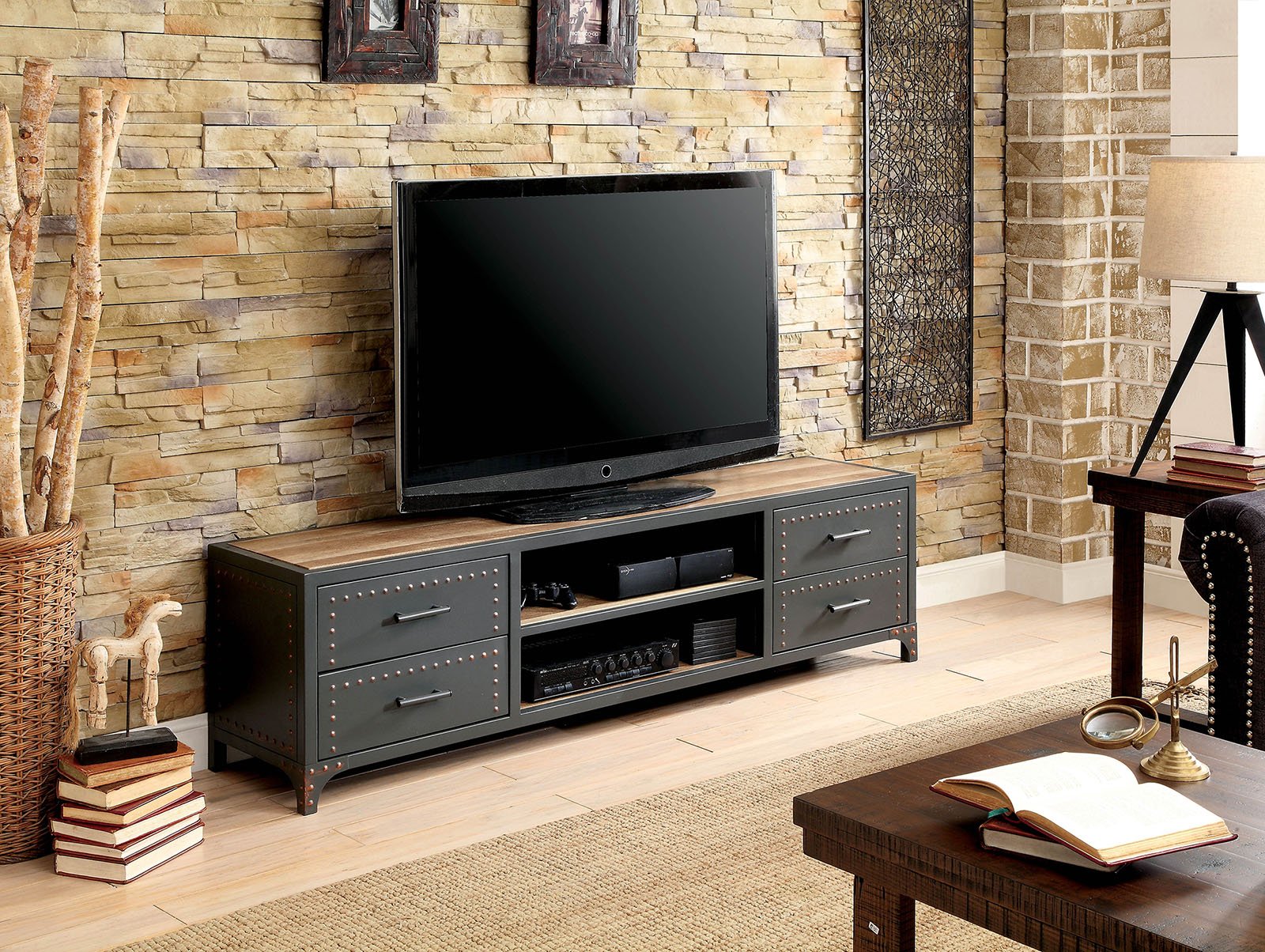 Benzara 60 Wooden TV Stand With 4 Drawers and 2 Open Shelves In Gray Benzara