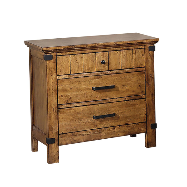 BM182746 Wooden Nightstand with 3 Drawers, Warm Honey Brown