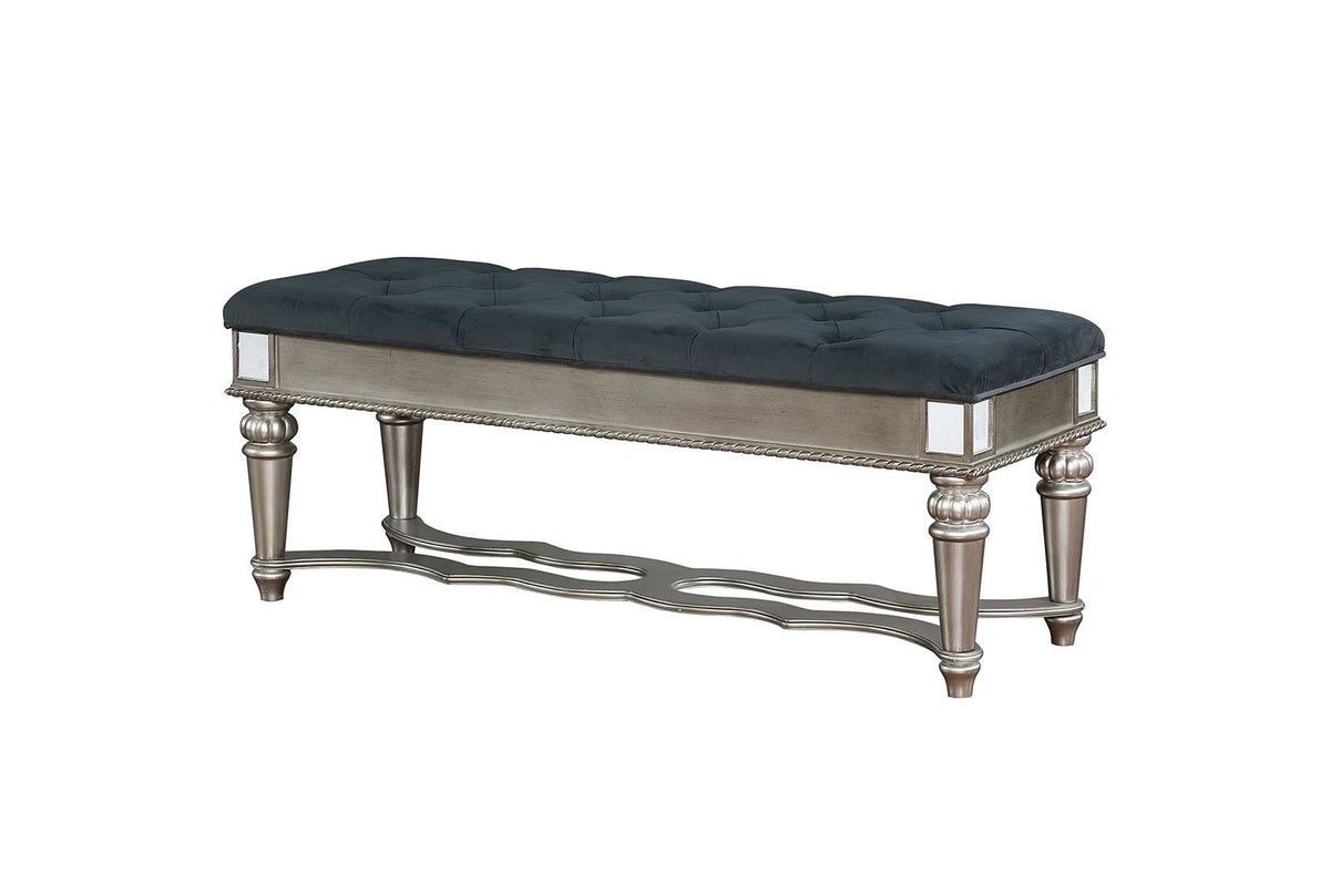 Traditional Style Solid Wooden Bench with Tufted Seat, Silver and Blue