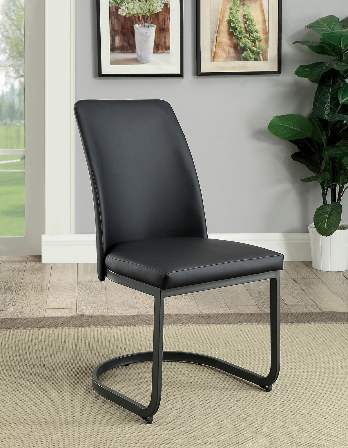 Leatherette Upholstered Side Chair with U Shape Metal Cantilever Base, Pack of Two, Black - BM183116