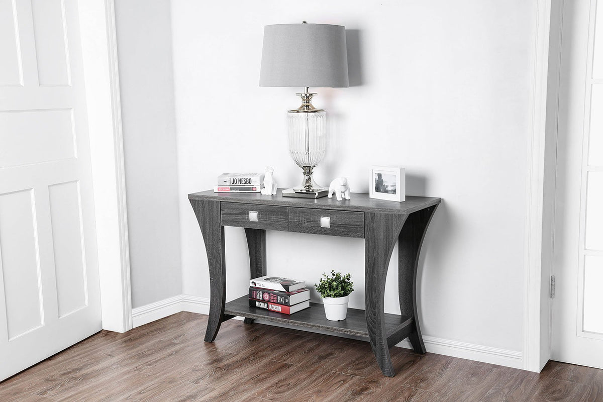 Two Drawers Wooden Sofa Table with Bottom Shelf and Swooping Curled Legs, Gray - BM183124