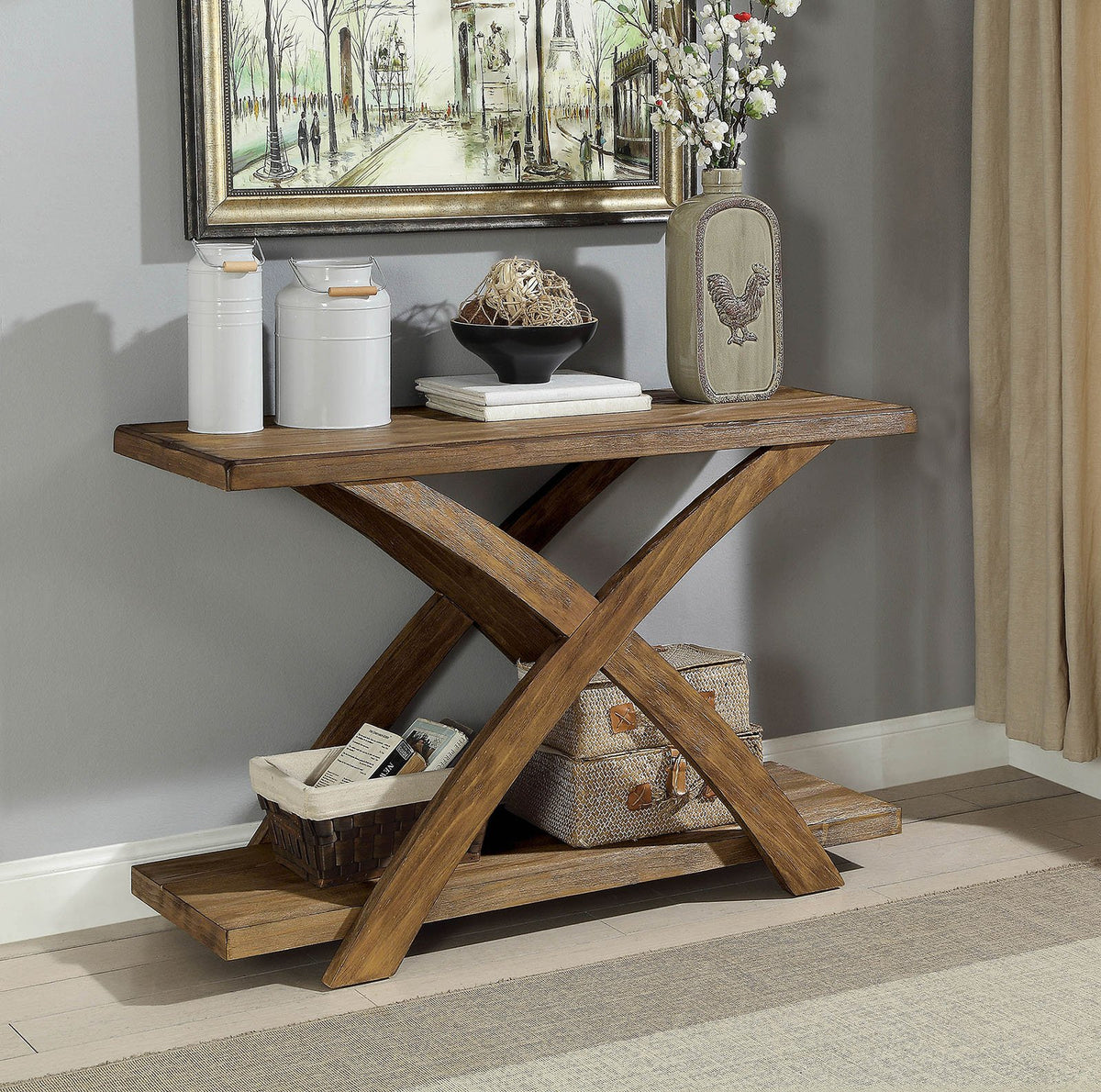 Wooden Sofa Table with Open Bottom Shelf and X Shaped Base, Antique Light Oak Brown - BM183134