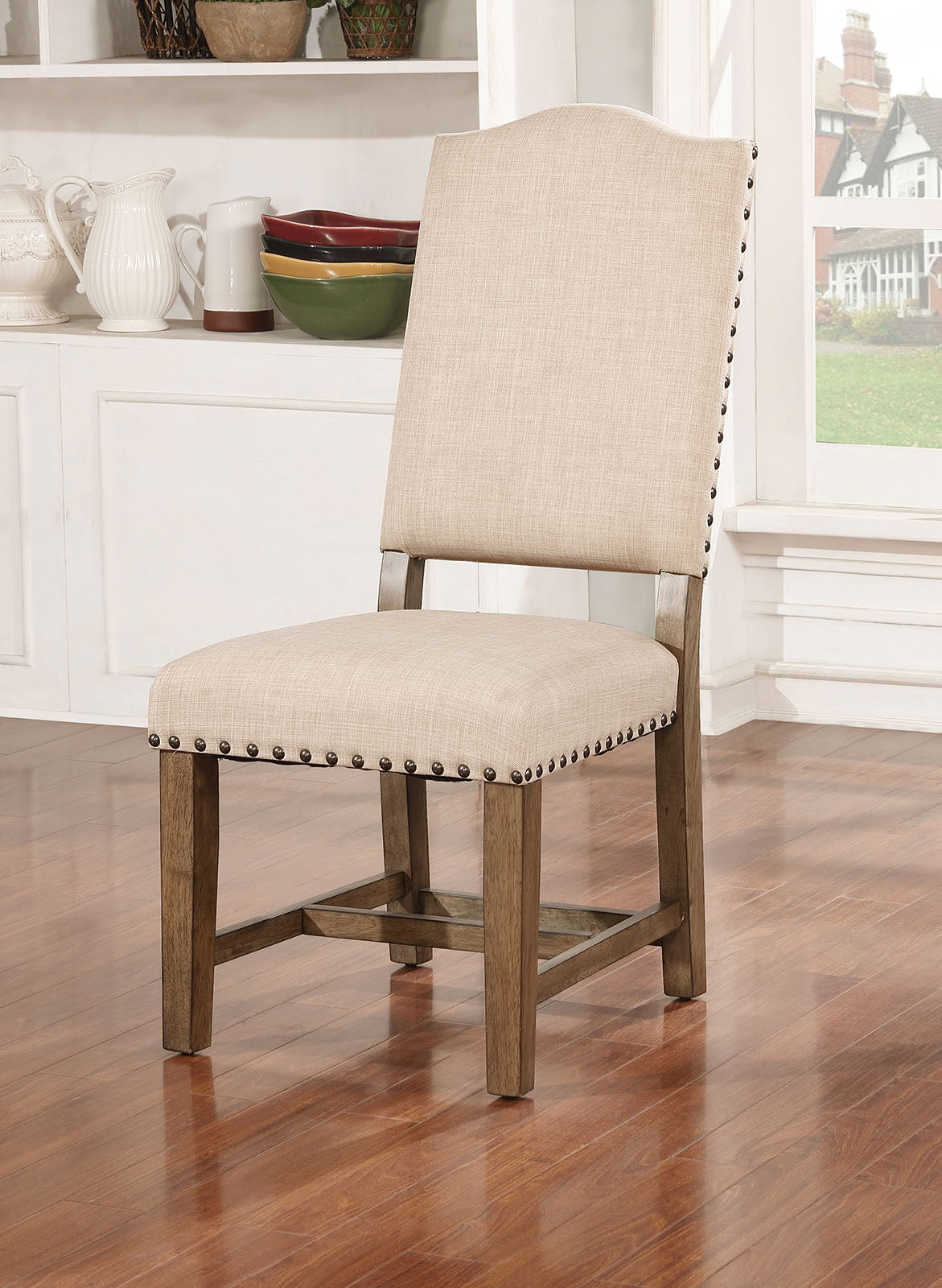 Fabric Upholstered Solid Wood Side Chair, Pack of Two, Beige and Brown - BM183231