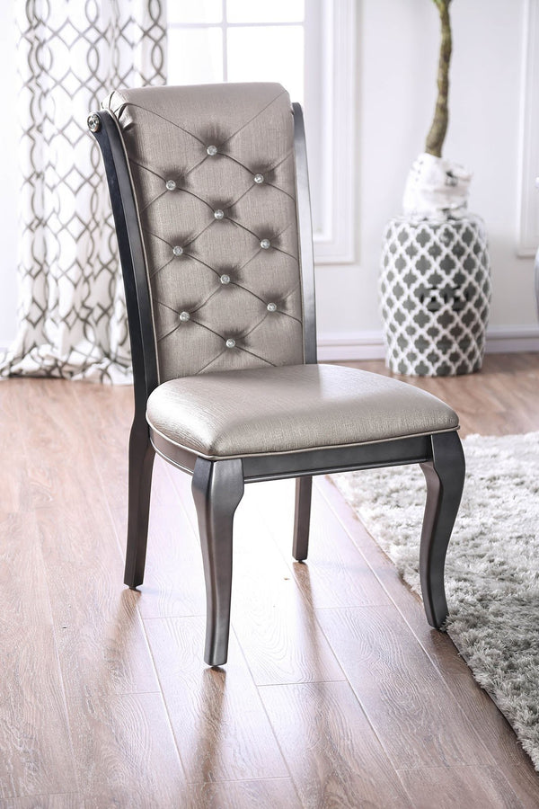 Button Tufted Leatherette Upholstered Wooden Side Chair with Scrolled Back, Pack of Two, Gray