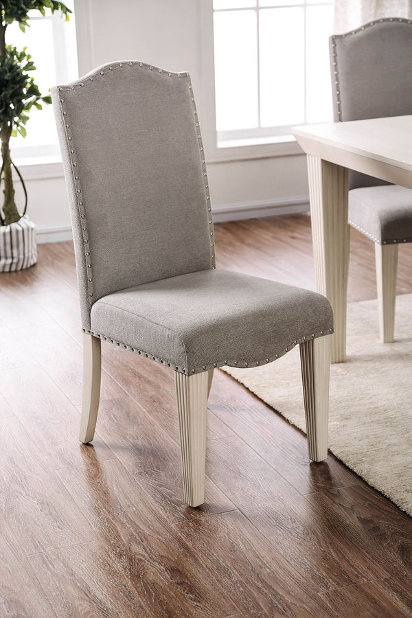 Fabric Upholstered Wooden Side Chair, White And Gray, Pack Of Two