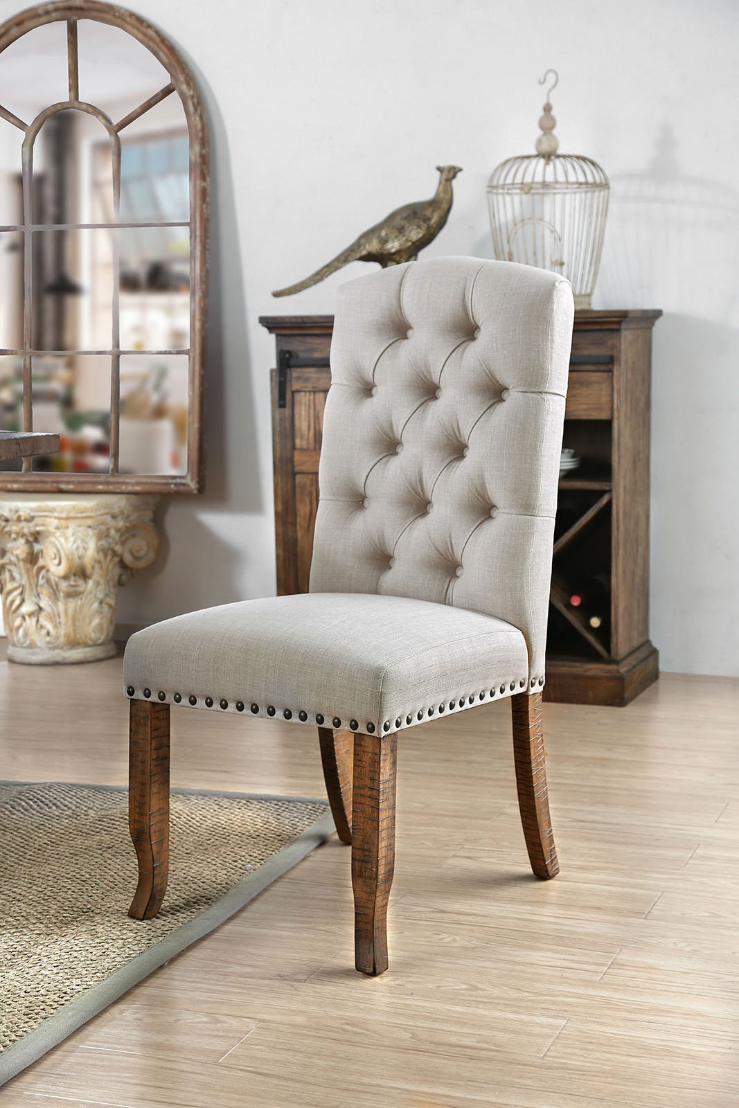 Button Tufted Fabric Upholstery Side Chair, Cream And Brown, Pack Of Two
