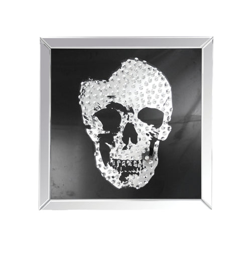 Square Mirror framed Skull Wall Decor with Crystal Inlays, Black & Silver - BM184756