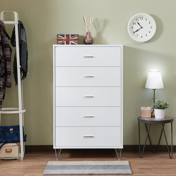Contemporary Style Wooden Chest with Five Drawers, White